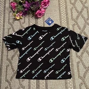 Champion Black Short Sleeve Crop Tee with Graphic Print Size Girls Large